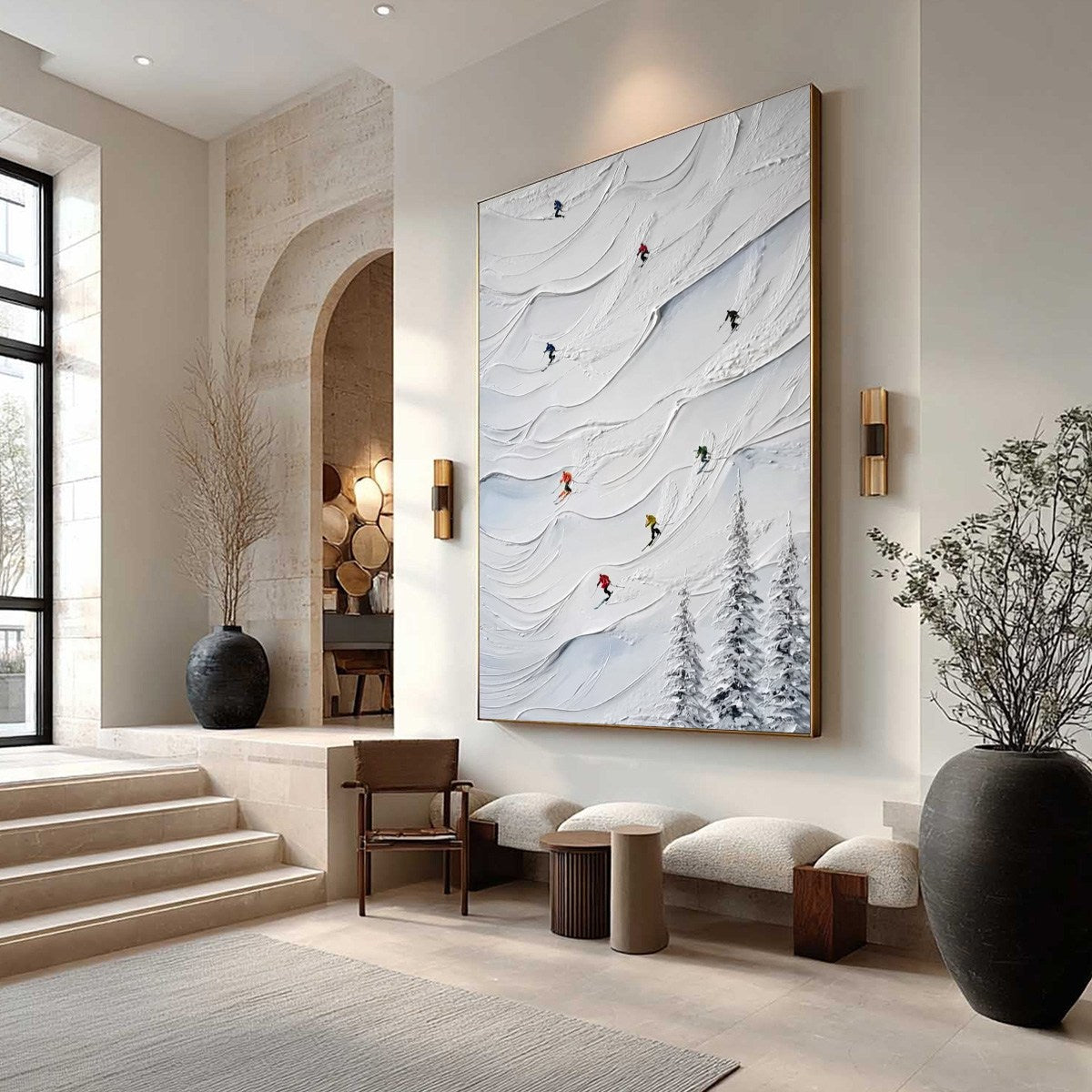 ALPINE RUSH: Textured Impasto Skiing on Snowy Mountain Oil Painting