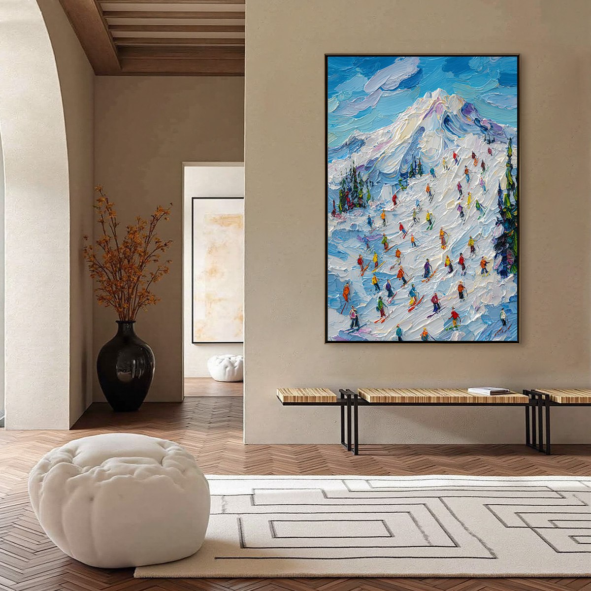 ALPINE RUSH: Textured Palette Knife Ski Mountain Painting