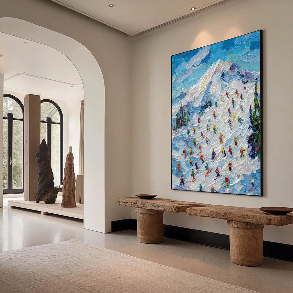 ALPINE RUSH: Textured Palette Knife Ski Mountain Painting