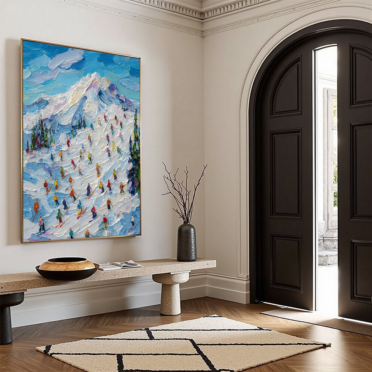 ALPINE RUSH: Textured Palette Knife Ski Mountain Painting