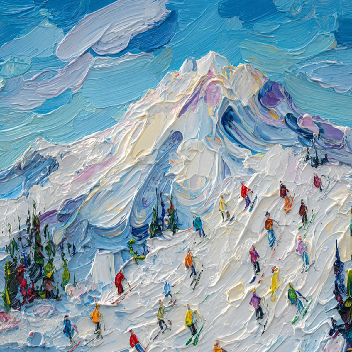 Alpine Rush: Textured Impasto Ski Mountain Oil Painting
