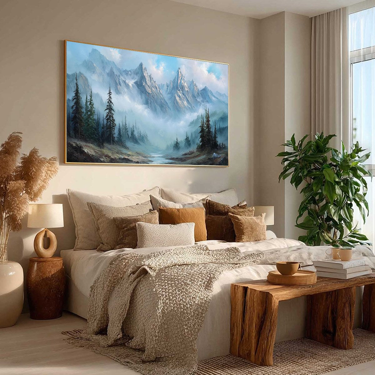 ALPINE WHISPER: Traditional Mountains and Valley Oil Painting