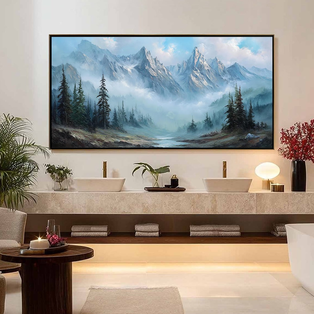 ALPINE WHISPER: Traditional Mountains and Valley Oil Painting