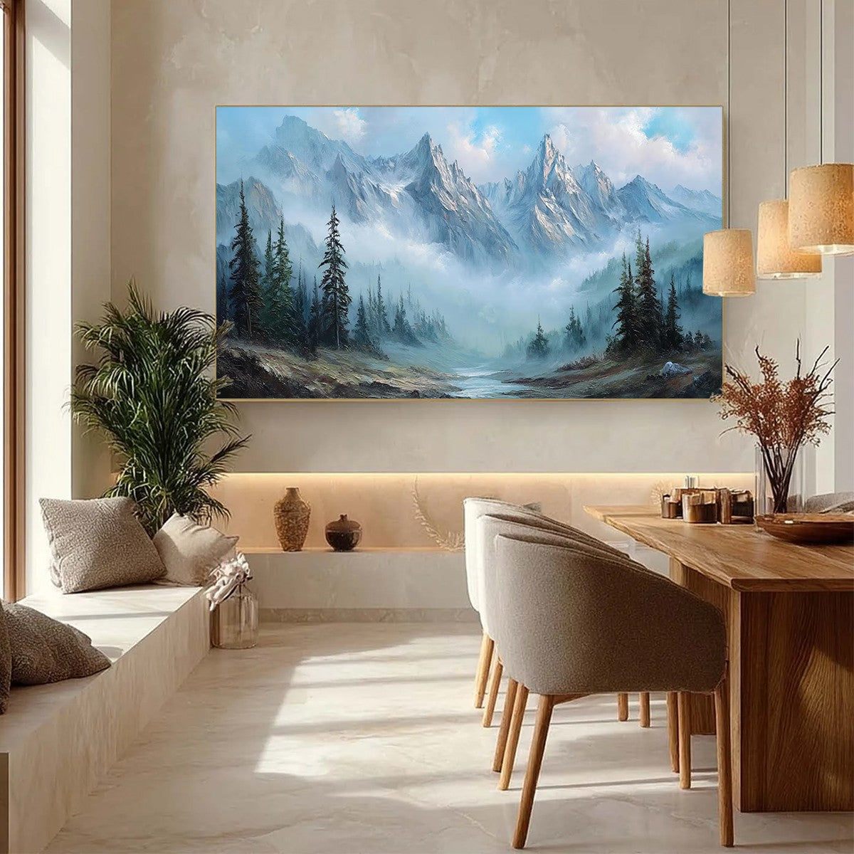 ALPINE WHISPER: Traditional Mountains and Valley Oil Painting