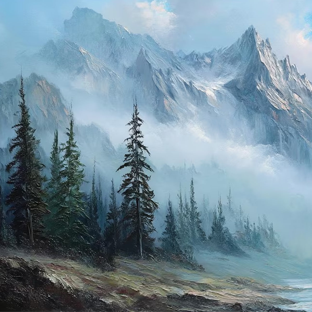 ALPINE WHISPER: Traditional Mountains and Valley Oil Painting