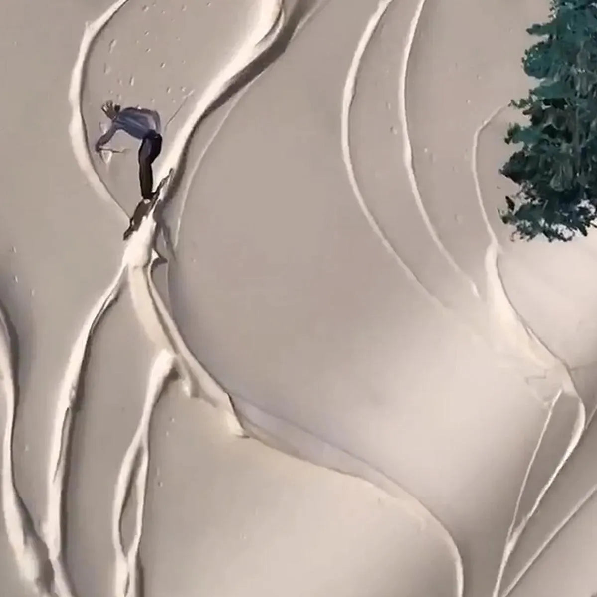 Textured painting of skiers and snowboarders on a snowy slope, winter sports wall art.