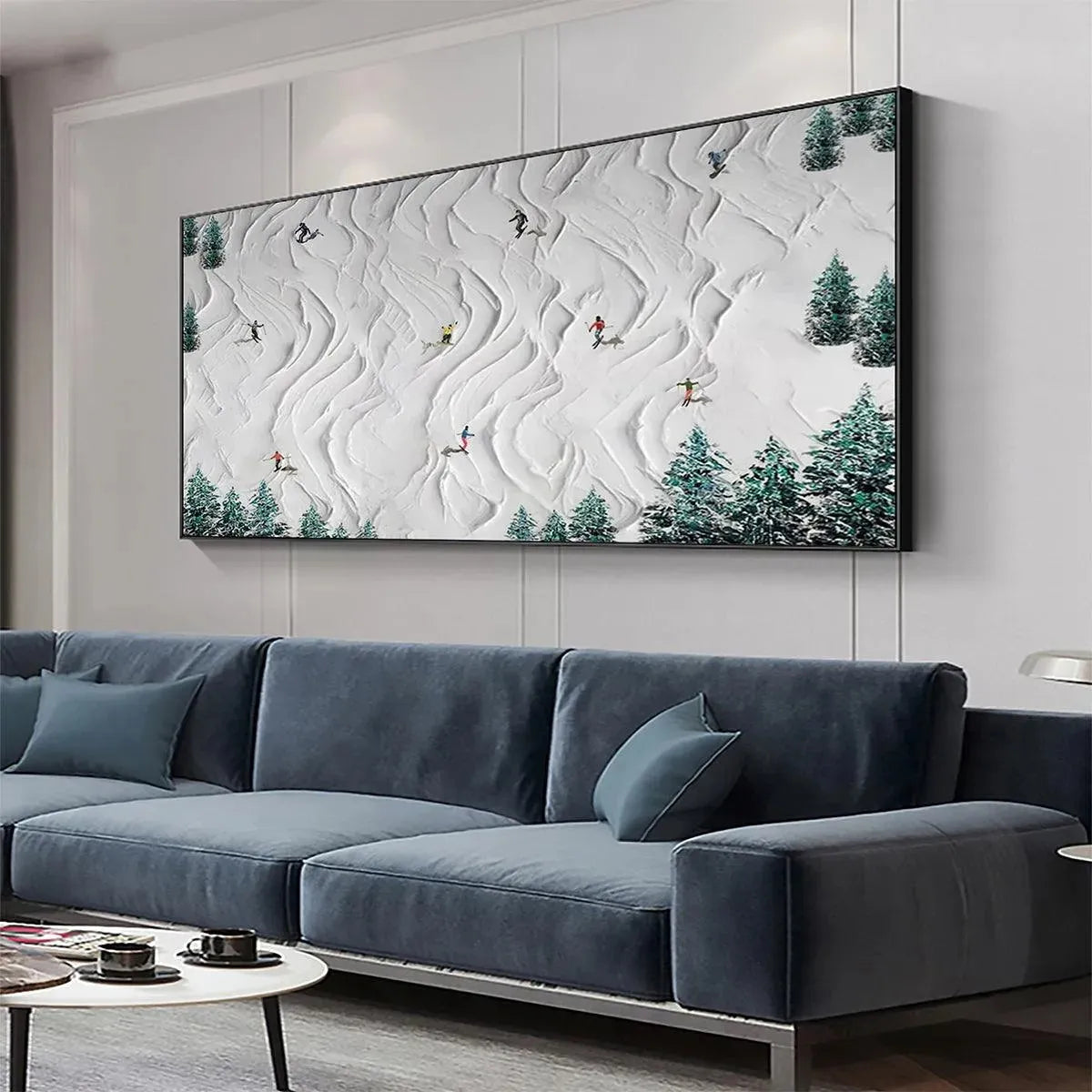 Textured painting of skiers and snowboarders on a snowy slope, winter sports wall art.