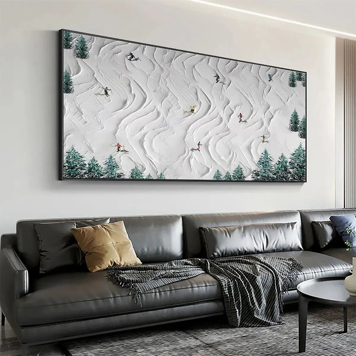 Textured painting of skiers and snowboarders on a snowy slope, winter sports wall art.