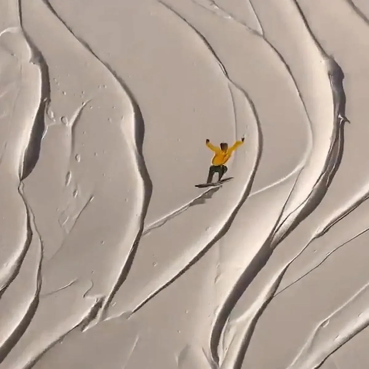 Textured painting of skiers and snowboarders on a snowy slope, winter sports wall art.