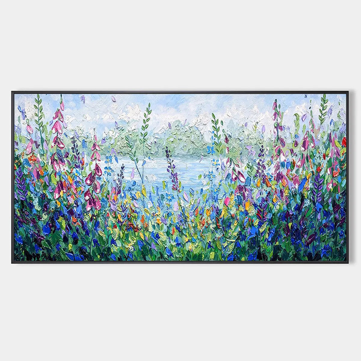 Impasto Landscape Oil Painting with Wildflowers and Lake View