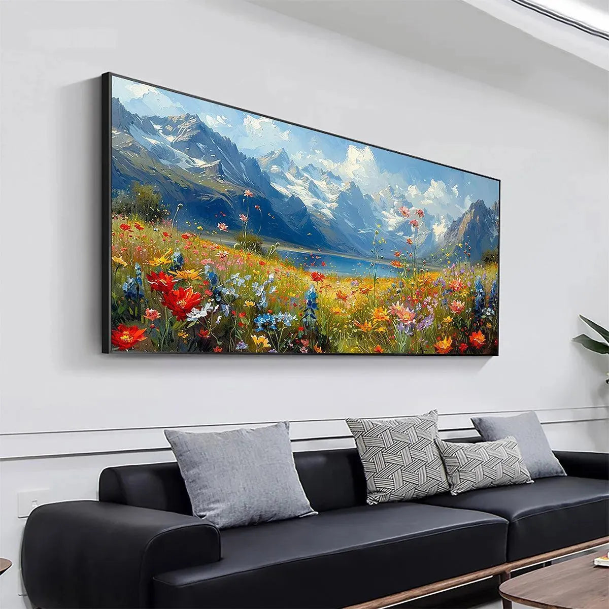 Alpine Meadow impasto painting by Isabella Rossi, vibrant wildflowers, snow-capped mountains, lake landscape artwork.