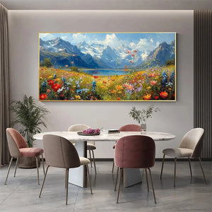 Alpine Meadow impasto painting by Isabella Rossi, vibrant wildflowers, snow-capped mountains, lake landscape artwork.