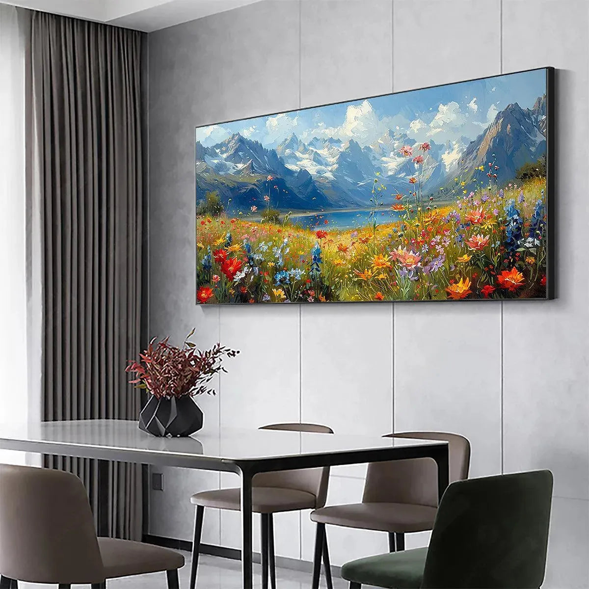 Alpine Meadow impasto painting by Isabella Rossi, vibrant wildflowers, snow-capped mountains, lake landscape artwork.