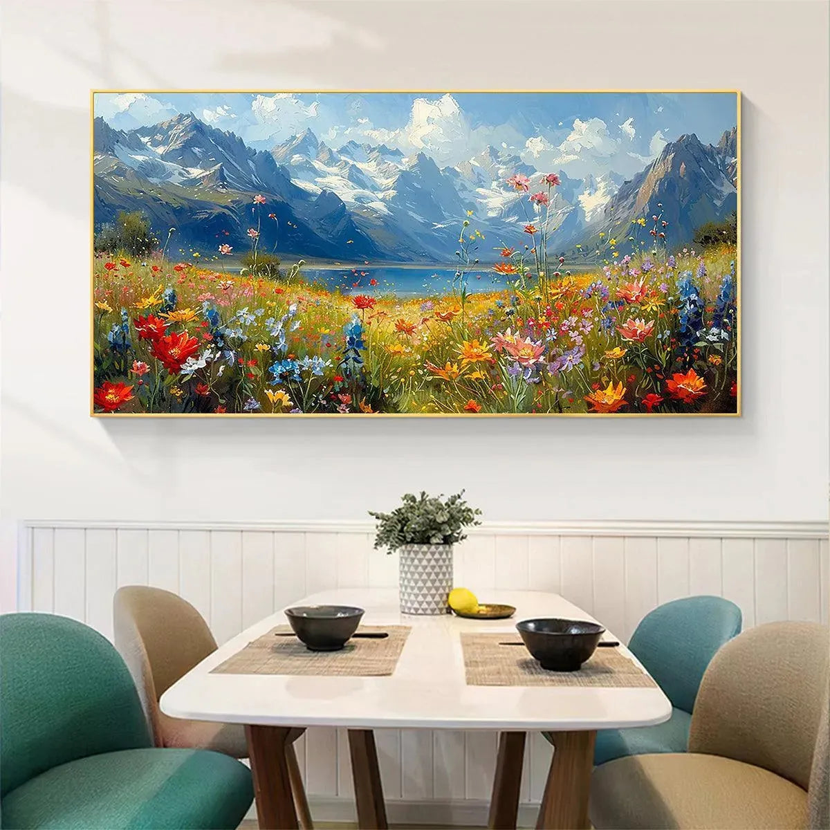 Alpine Meadow impasto painting by Isabella Rossi, vibrant wildflowers, snow-capped mountains, lake landscape artwork.