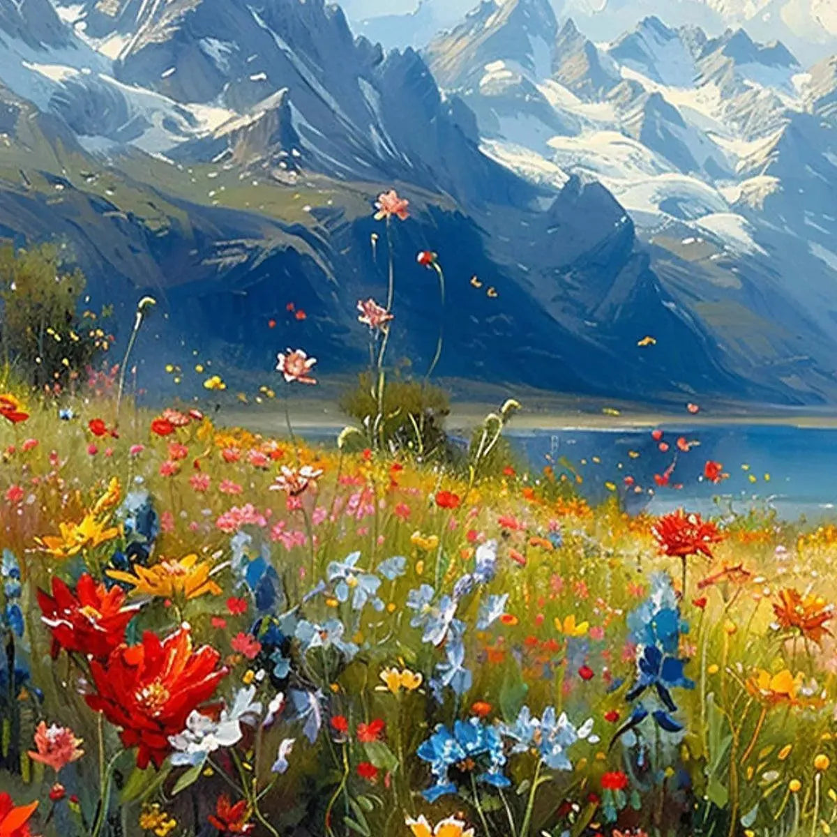 Alpine Meadow impasto painting by Isabella Rossi, vibrant wildflowers, snow-capped mountains, lake landscape artwork.