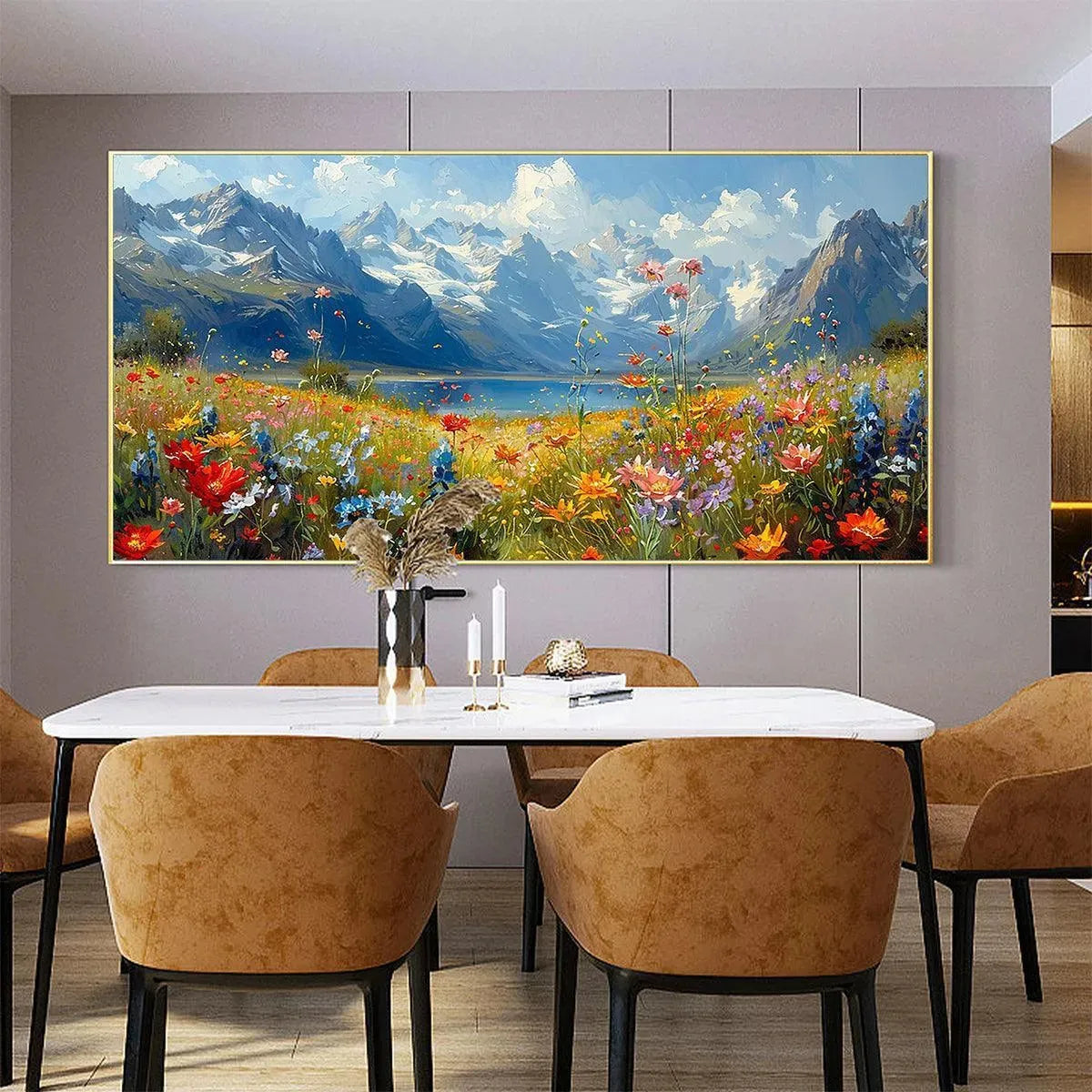 Alpine Meadow impasto painting by Isabella Rossi, vibrant wildflowers, snow-capped mountains, lake landscape artwork.