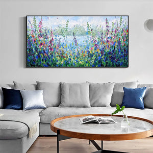 Impasto Landscape Oil Painting with Wildflowers and Lake View