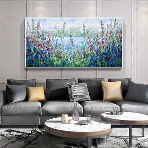 Impasto Landscape Oil Painting with Wildflowers and Lake View