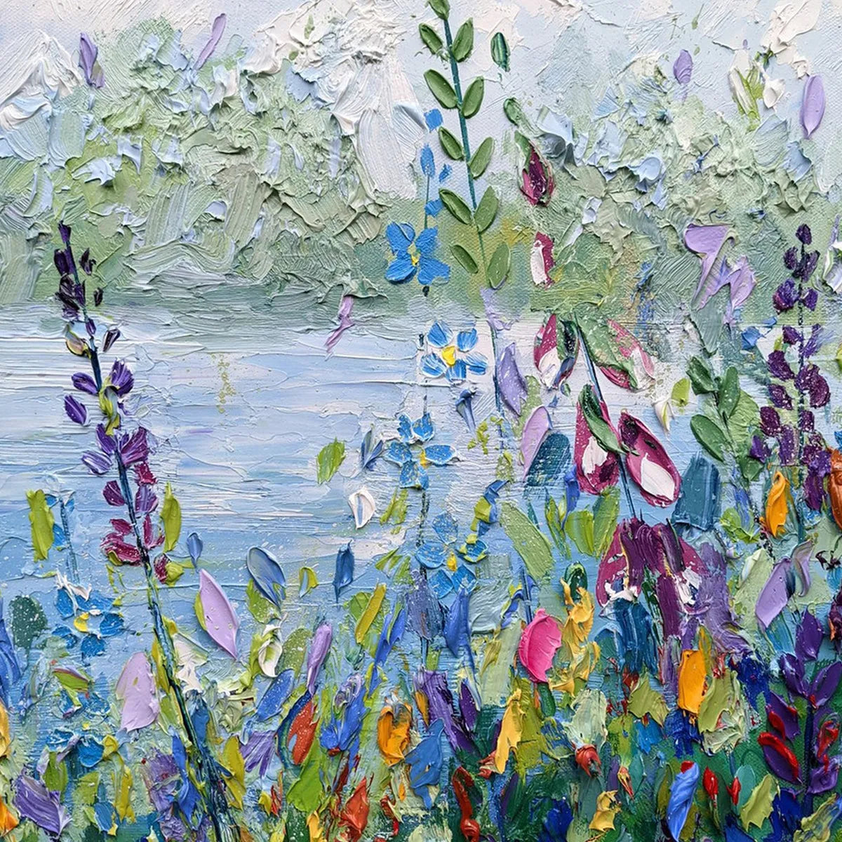 Impasto Landscape Oil Painting with Wildflowers and Lake View
