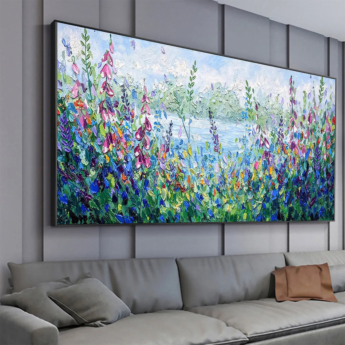 Impasto Landscape Oil Painting with Wildflowers and Lake View