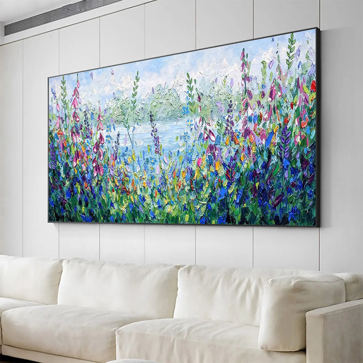 Impasto Landscape Oil Painting with Wildflowers and Lake View