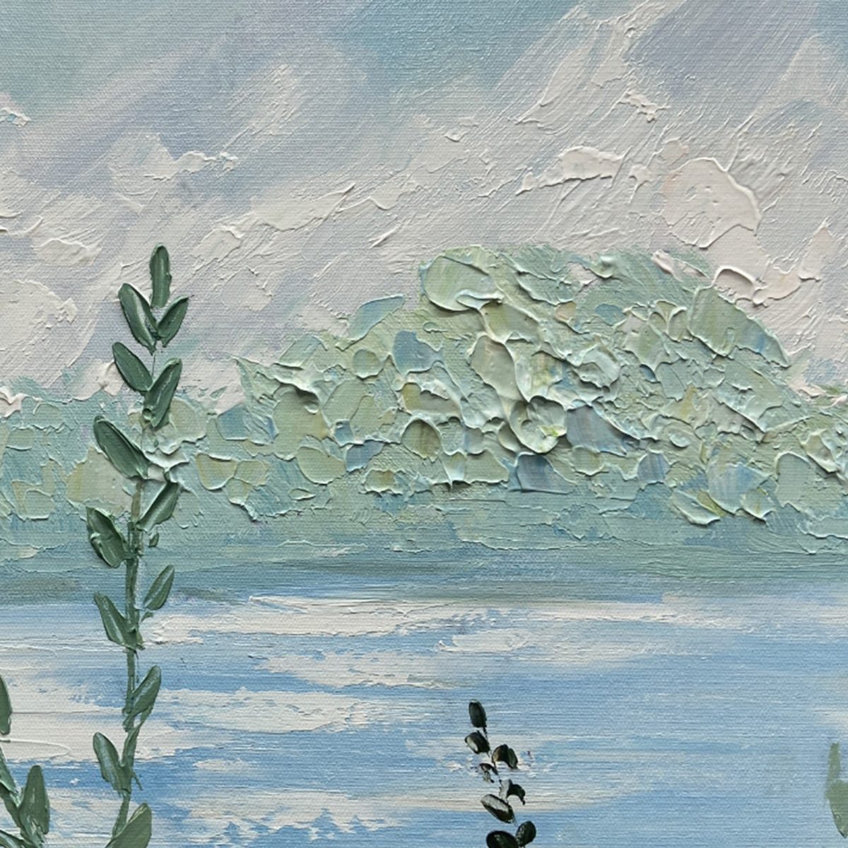 Impasto Landscape Oil Painting with Wildflowers and Lake View