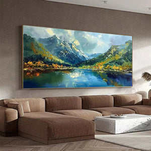 Panoramic oil painting: Mountain lake, reflective peaks, autumn foliage. Vibrant colors, visible brushstrokes, black frame.