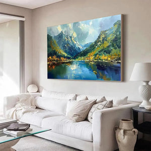 Panoramic oil painting: Mountain lake, reflective peaks, autumn foliage. Vibrant colors, visible brushstrokes, black frame.