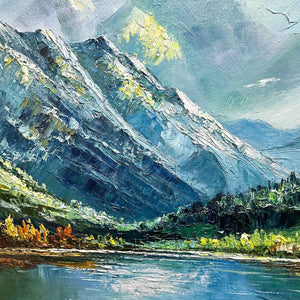 Panoramic oil painting: Mountain lake, reflective peaks, autumn foliage. Vibrant colors, visible brushstrokes, black frame.