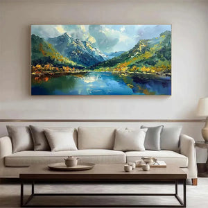 Panoramic oil painting: Mountain lake, reflective peaks, autumn foliage. Vibrant colors, visible brushstrokes, black frame.