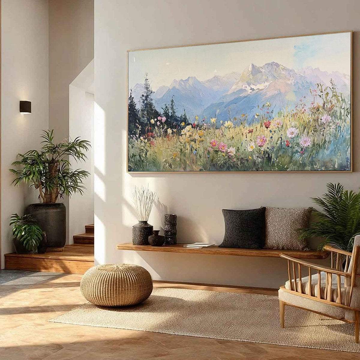 Alpine Serenity oil painting – mountain meadow landscape wall art