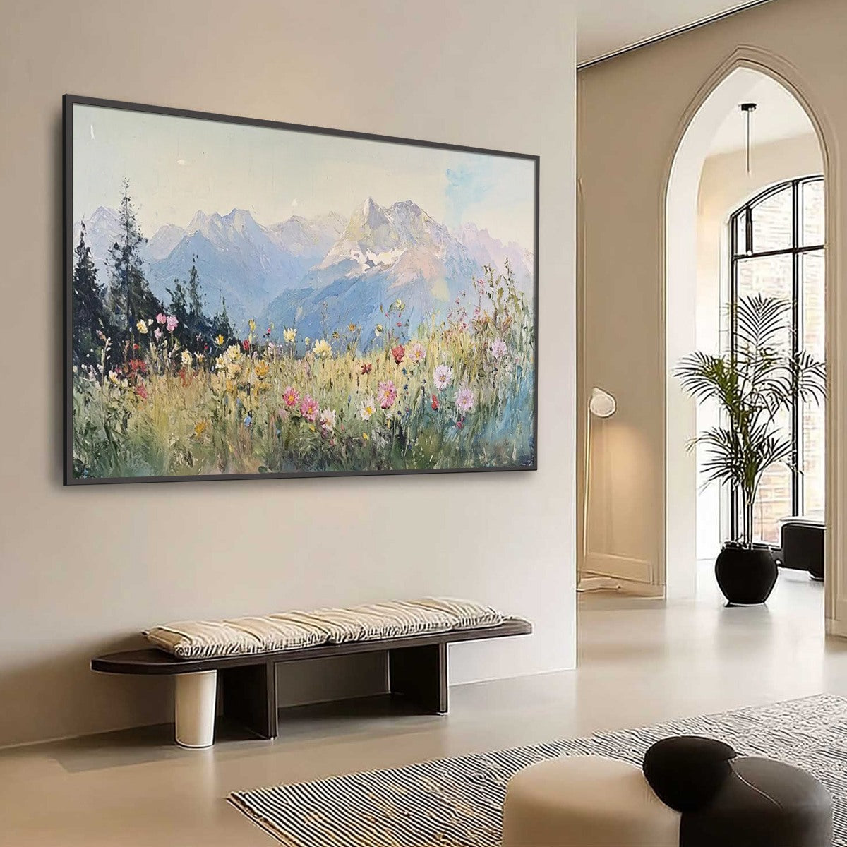 Alpine Serenity oil painting – mountain meadow landscape wall art