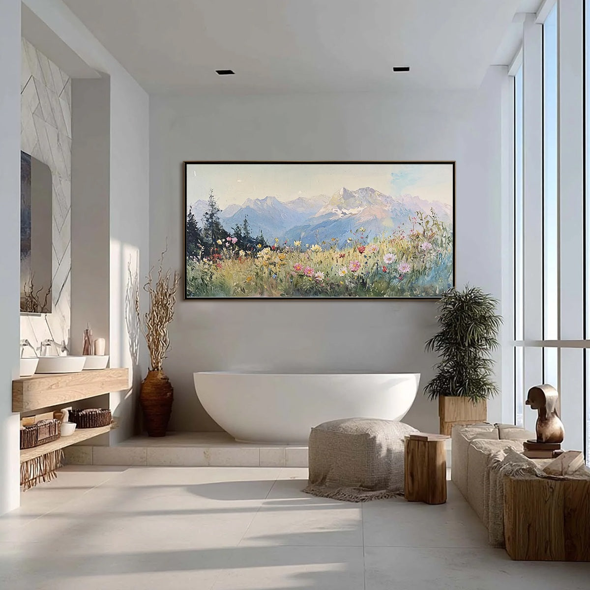 Alpine Serenity oil painting – mountain meadow landscape wall art