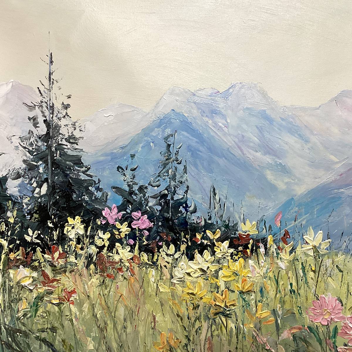 Alpine Serenity oil painting – mountain meadow landscape wall art