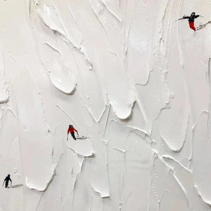 Alpine Ski by Javier Ramirez: Textured minimalist black and white painting with skiers on a snowy slope and evergreen trees.