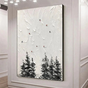 Alpine Ski by Javier Ramirez: Textured minimalist black and white painting with skiers on a snowy slope and evergreen trees.