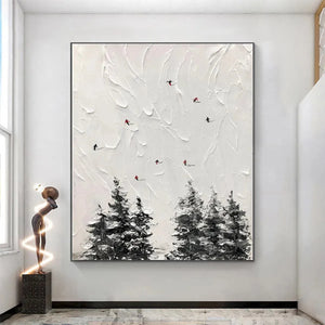 Alpine Ski by Javier Ramirez: Textured minimalist black and white painting with skiers on a snowy slope and evergreen trees.