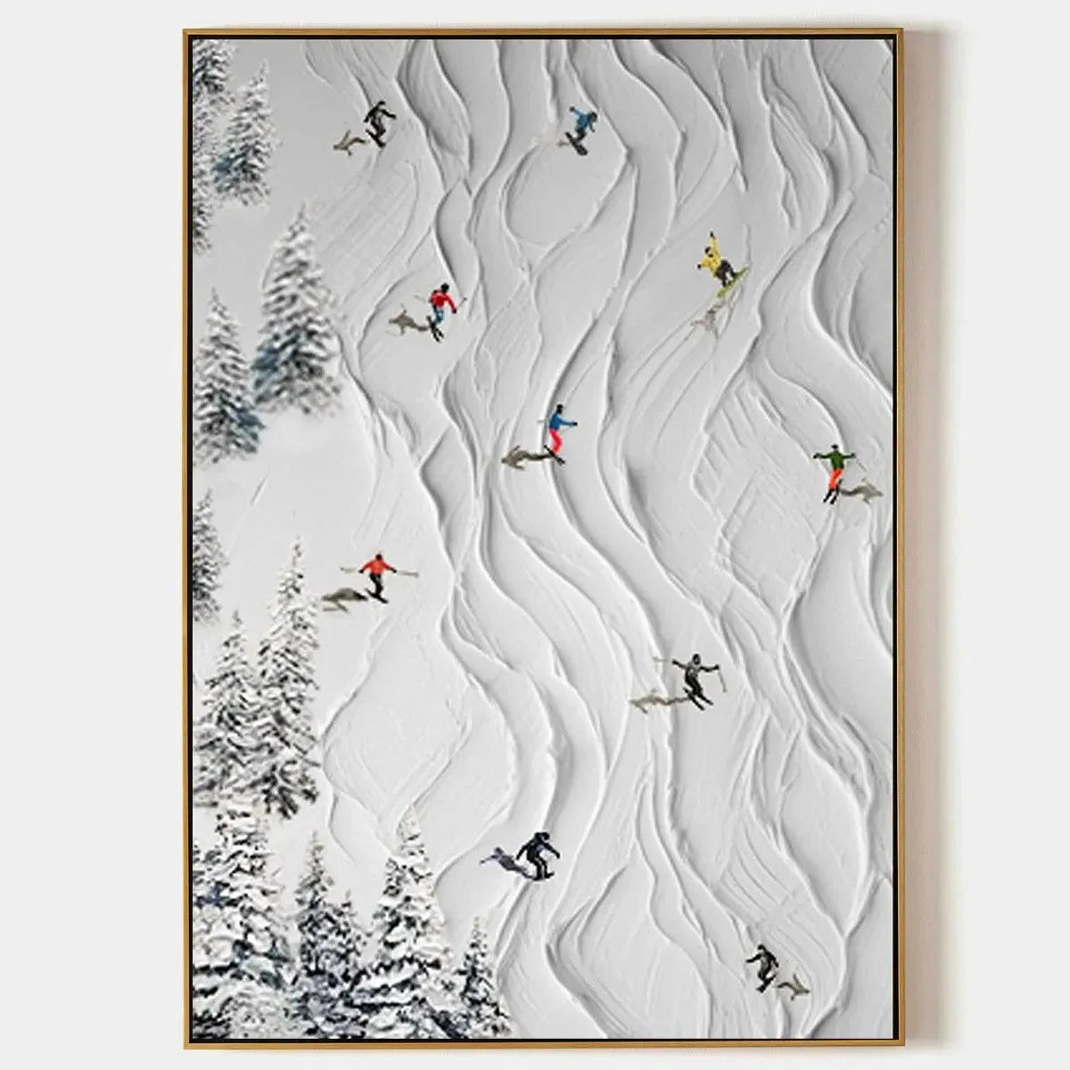Textured white painting of skiers on snowy slopes, showcasing Liam O'Connell's Alpine Slopes artwork.