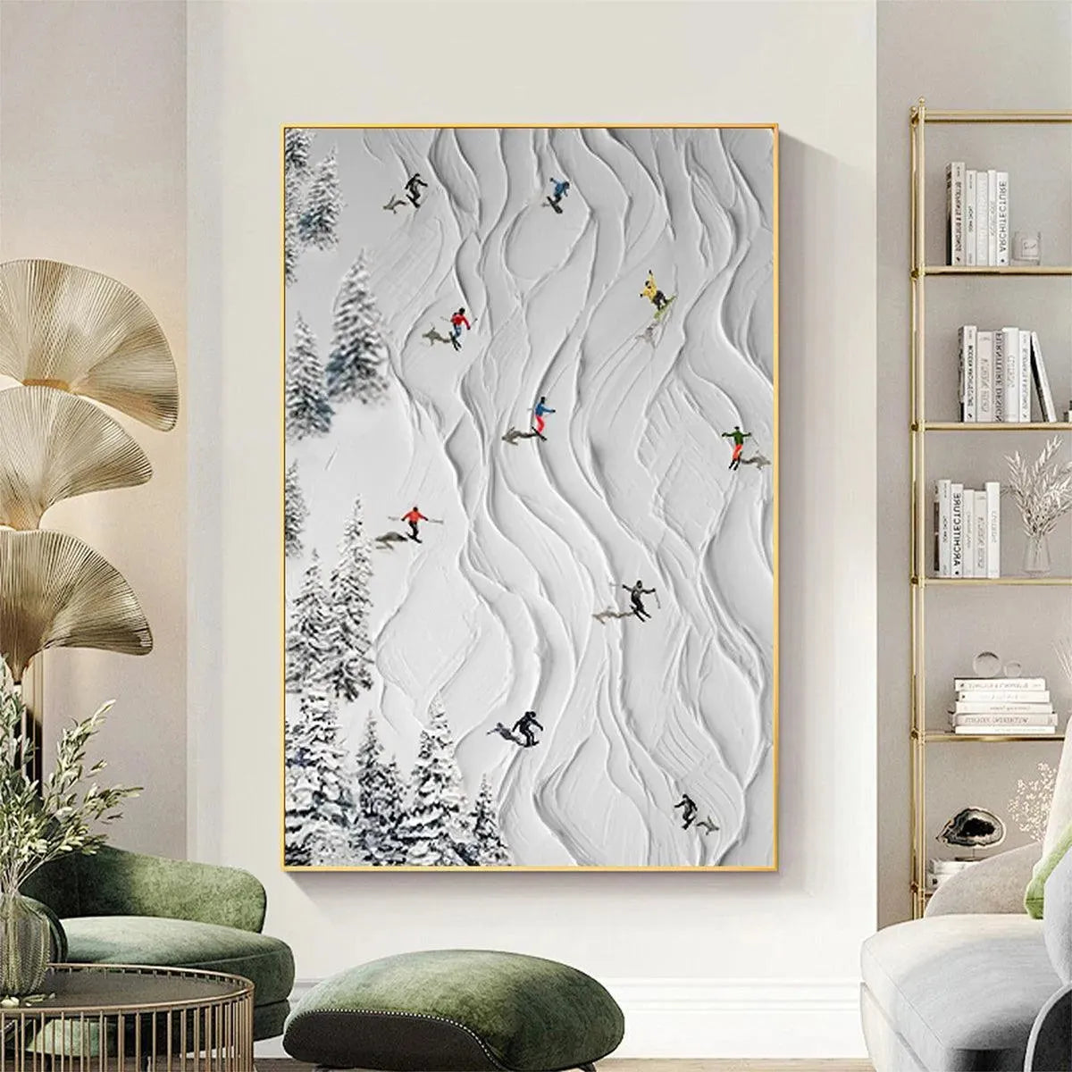Textured white painting of skiers on snowy slopes, showcasing Liam O'Connell's Alpine Slopes artwork.