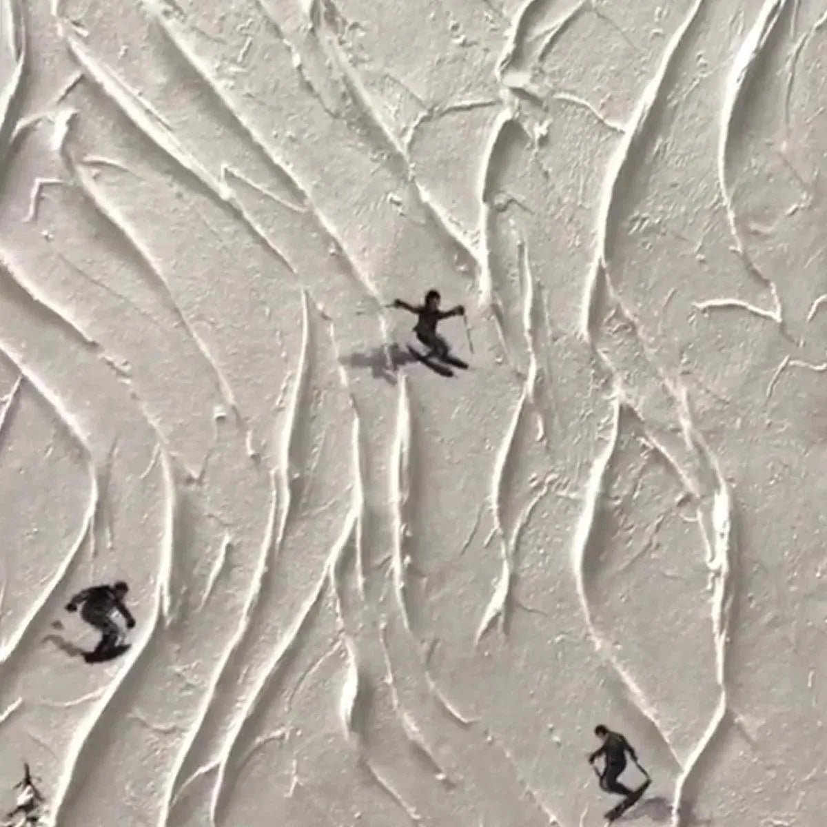 Textured white painting of skiers on snowy slopes, showcasing Liam O'Connell's Alpine Slopes artwork.