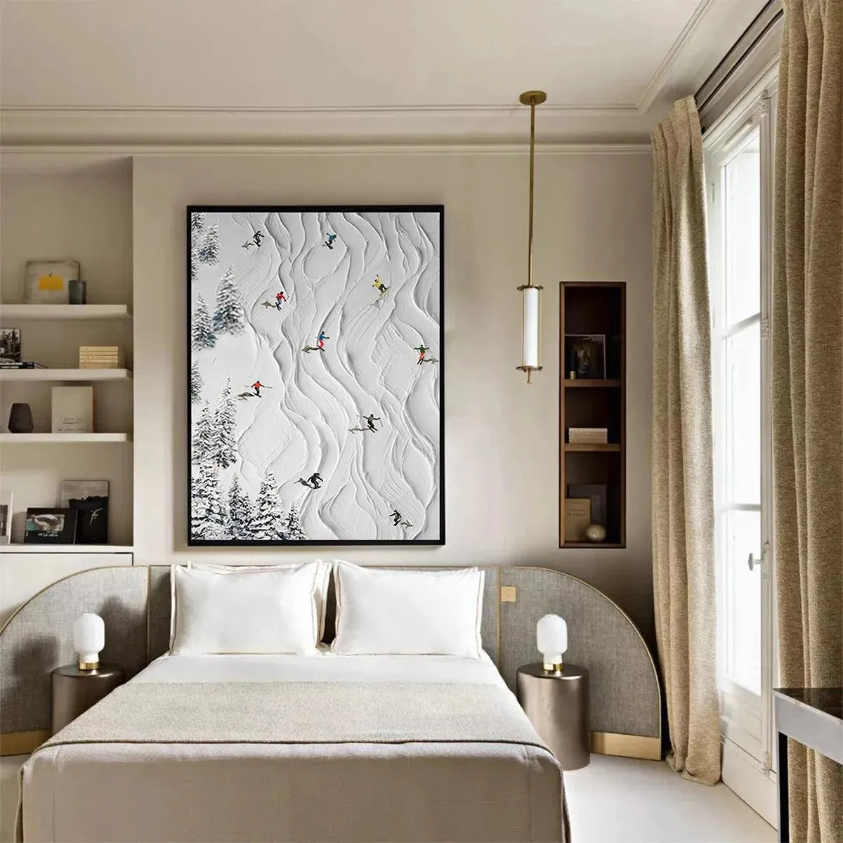 Textured white painting of skiers on snowy slopes, showcasing Liam O'Connell's Alpine Slopes artwork.