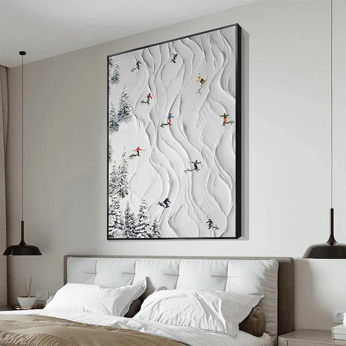 Textured white painting of skiers on snowy slopes, showcasing Liam O'Connell's Alpine Slopes artwork.