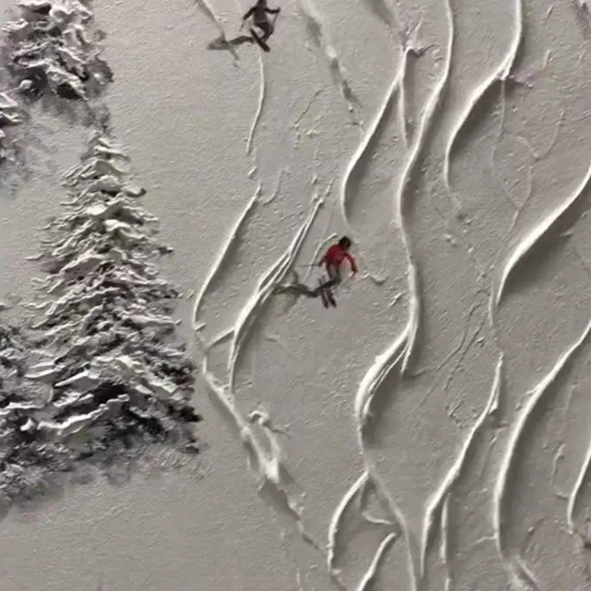 Textured white painting of skiers on snowy slopes, showcasing Liam O'Connell's Alpine Slopes artwork.