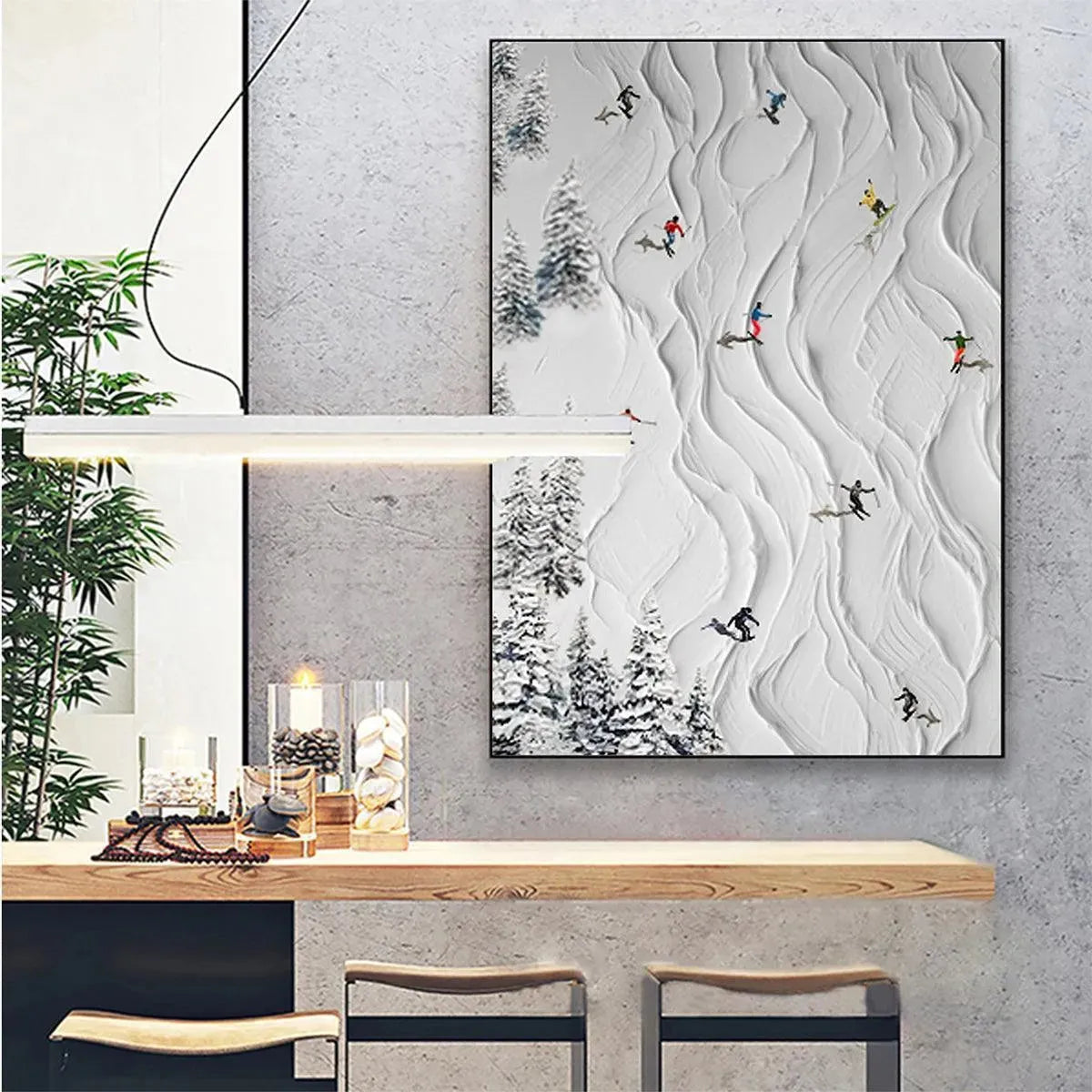 Textured white painting of skiers on snowy slopes, showcasing Liam O'Connell's Alpine Slopes artwork.