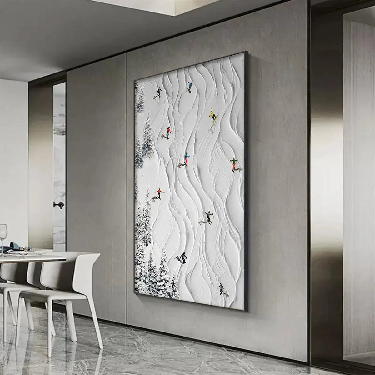Textured white painting of skiers on snowy slopes, showcasing Liam O'Connell's Alpine Slopes artwork.