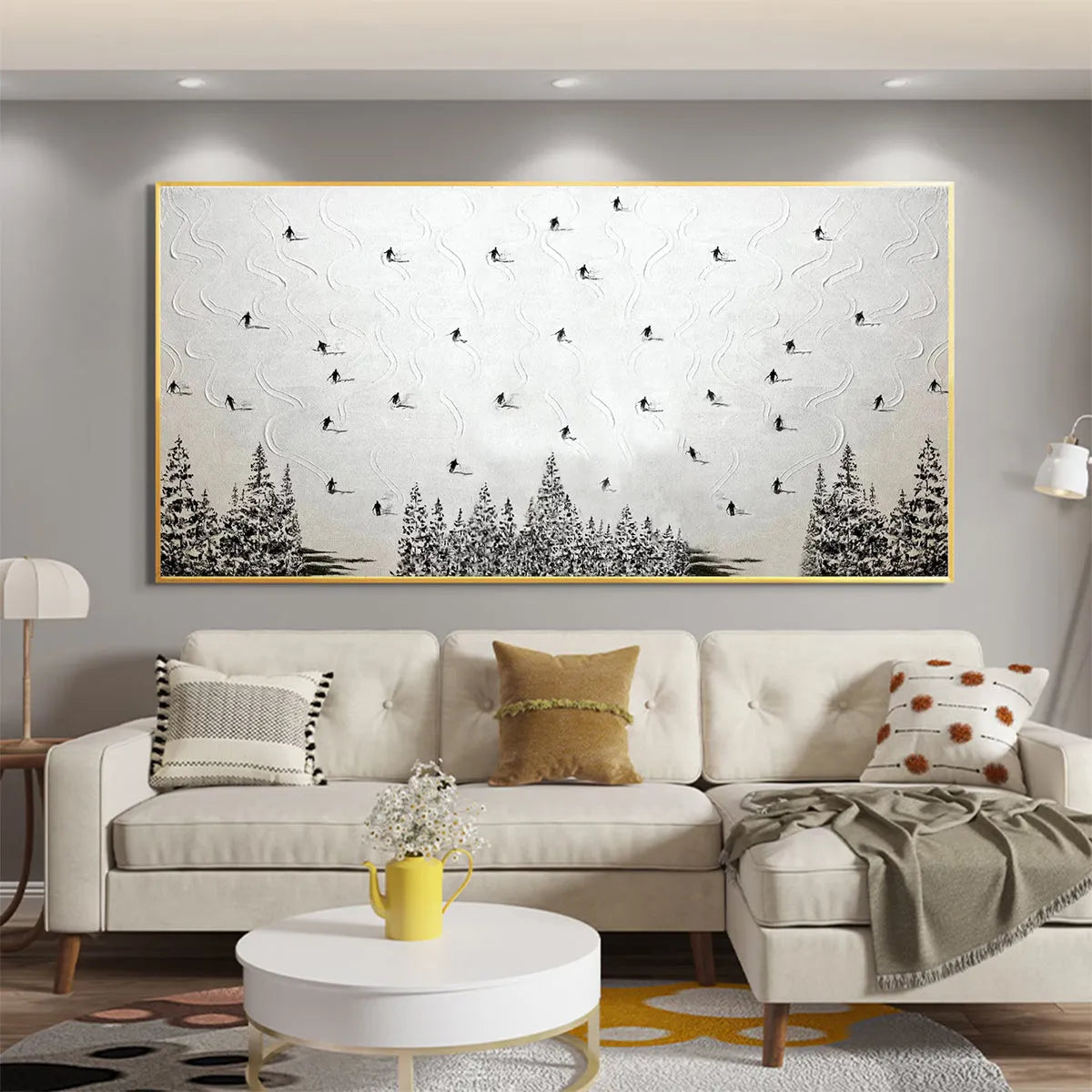 Minimalist Skiing Scene on Textured Canvas