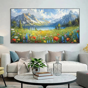 Original handmade oil painting of alpine wildflower meadow with colorful flowers, mountain lake and snow-capped peaks.