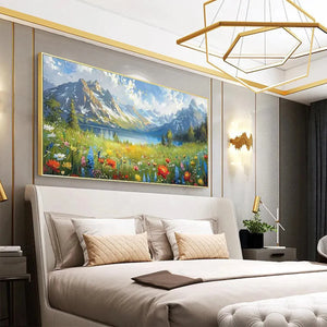 Original handmade oil painting of alpine wildflower meadow with colorful flowers, mountain lake and snow-capped peaks.