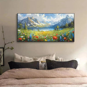 Original handmade oil painting of alpine wildflower meadow with colorful flowers, mountain lake and snow-capped peaks.