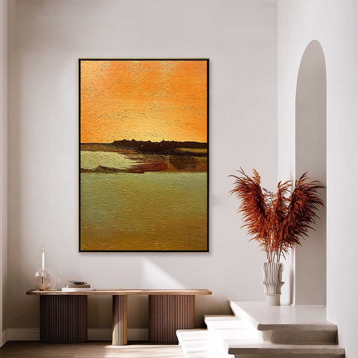 Amber Horizon: Textured impasto abstract landscape oil painting, orange sky, green waters.